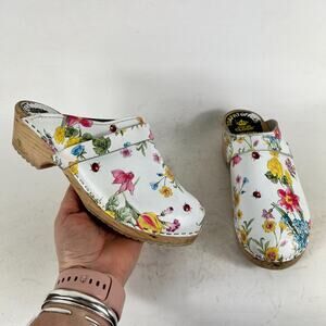 Torpatoffeln Clogs Women 6.5 White Floral Leather Comfort Molded Footbed Slip-On